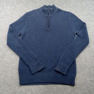 Eddie Bauer Sweater Mens Medium Blue Quarter Zip Mock Neck Waffle Knit Cotton‎